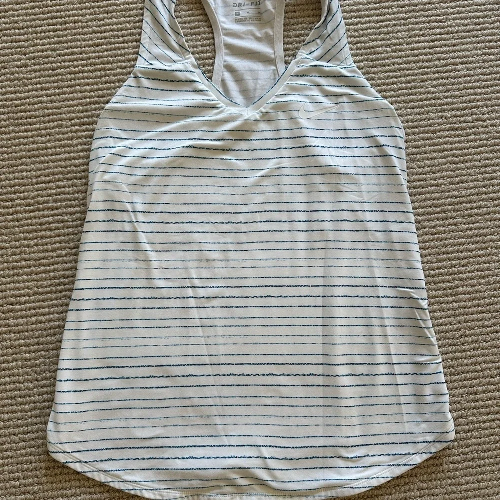 Nike Dri-Fit v-neck racerback athletic tank top white with blue stripes.